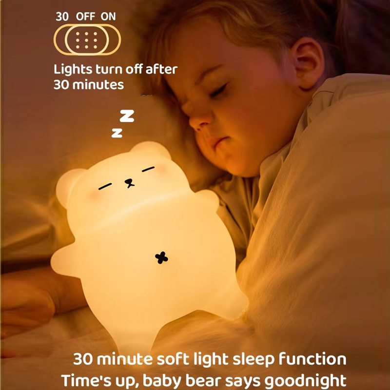 Cute Cartoon Bear Soft Silicone Tap Control Snoring Sound Rechargeable Kids Night Light